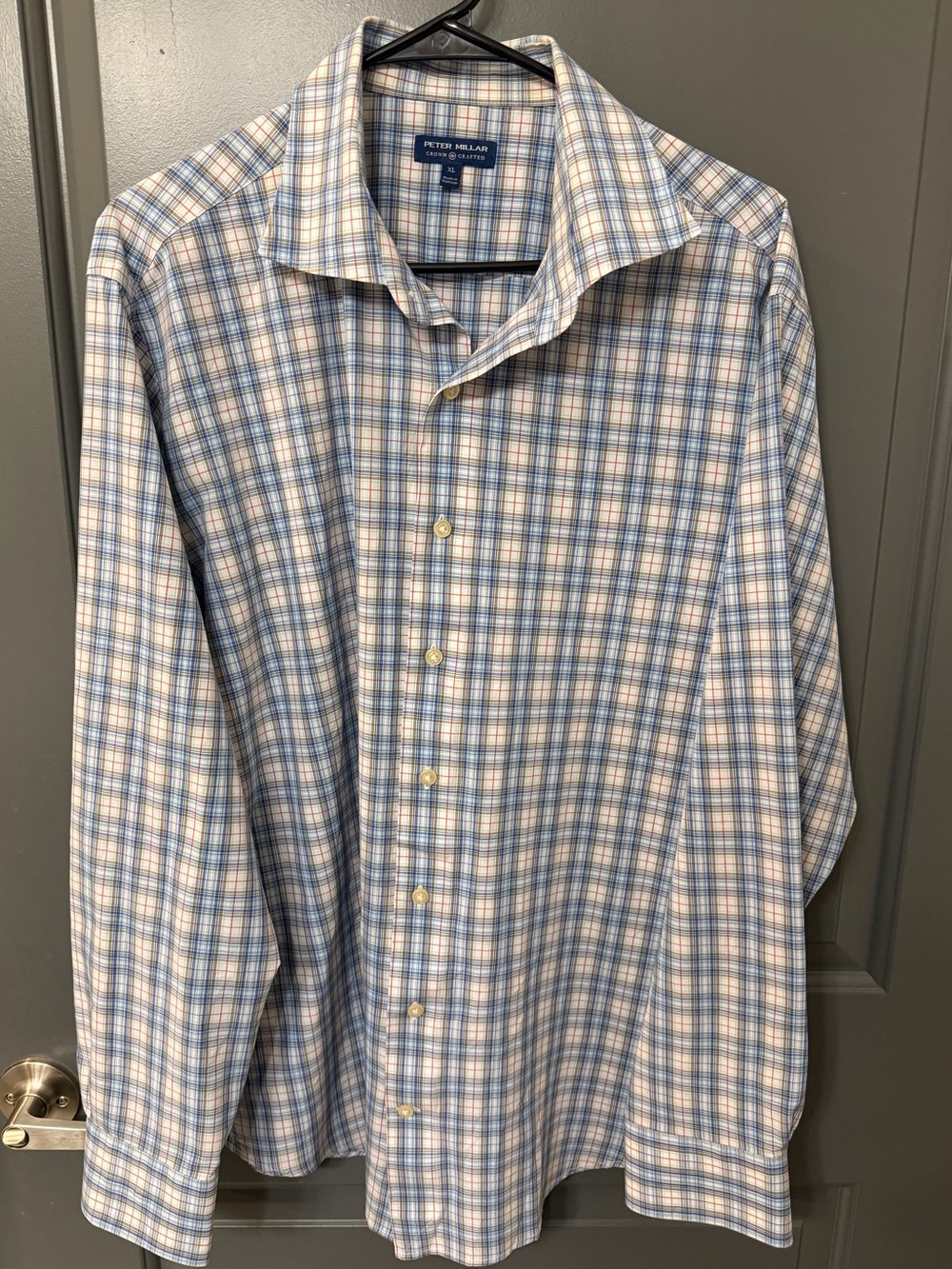 Peter Millar Light Blue and White Plaid Dress Shirt with Subtle Tan Accent